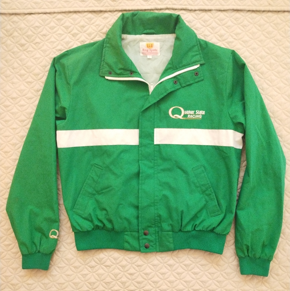 Vintage 80s Quaker State King Sports Racing Jacket Large Green/White